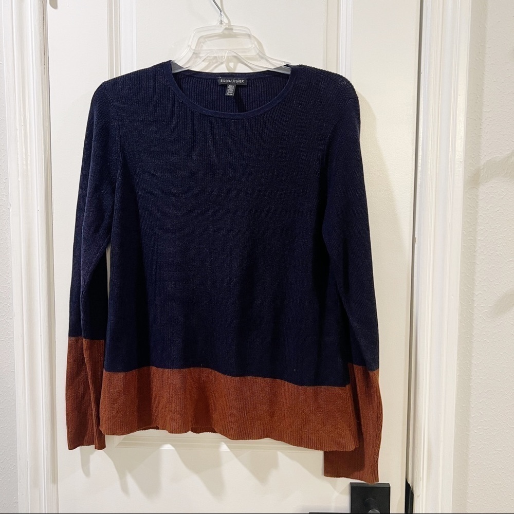 Eileen Fisher Pullover Color Block Sweater Size XS navy blue camel